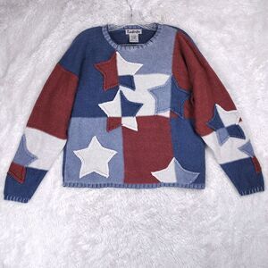 Vintage 90s Star Patchwork Sweater Womens Medium Ramie Cotton Knit USA Style
